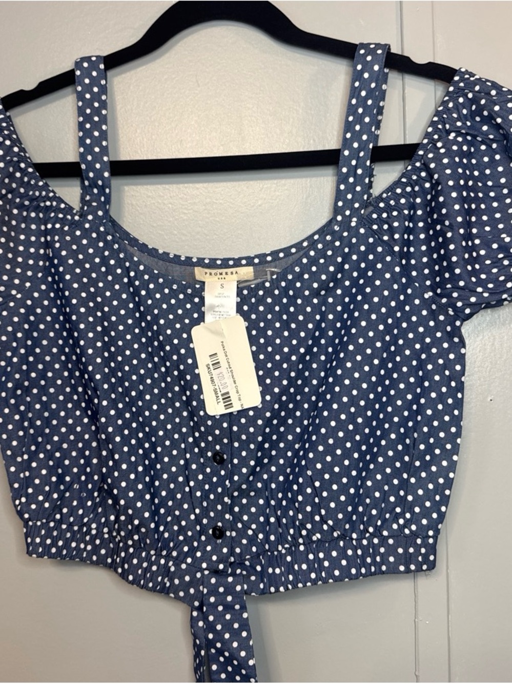 Promesa Navy Blue Polka Dot Tie-Front Crop Top